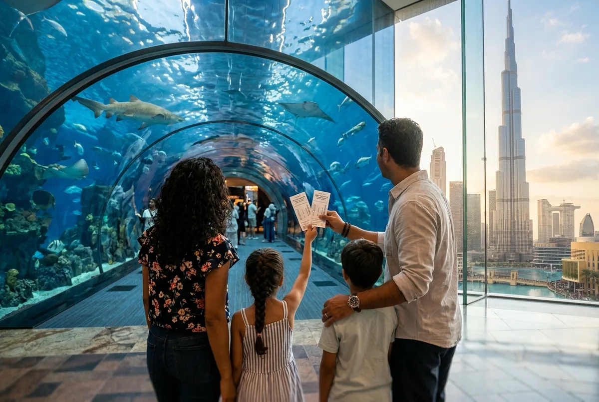 Familie bestaunt Haie im beleuchteten Tunnel des dubai aquarium, mit dem Burj Khalifa Kombiticket Erlebnis im Hintergrund der Dubai Mall