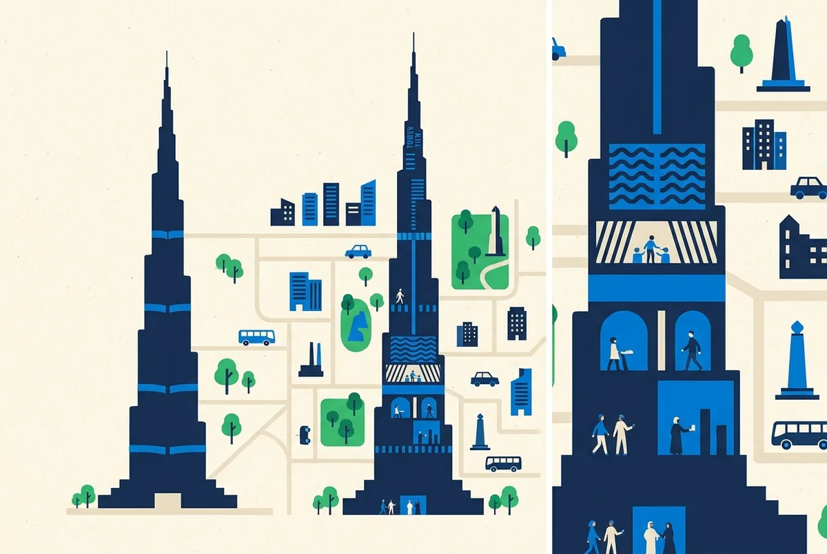 Grundriss-Infografik burj khalifa at the top restaurant: Turmsilhouette mit markiertem 3. Stock für den Burj Club und Level 124, 125 und 152 zum Vergleich