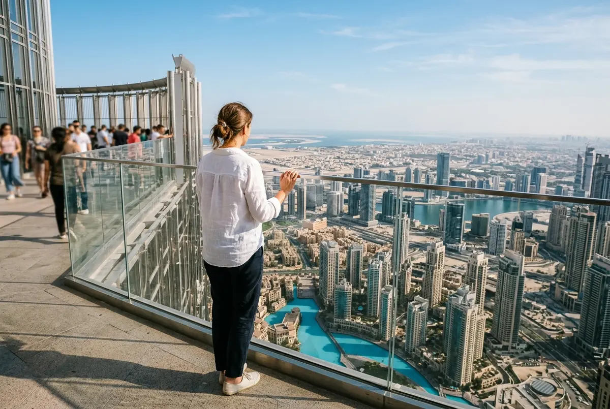 Zwei Besucher stehen auf der Außenterrasse der burj khalifa aussichtsplattform und vergleichen den Blick auf Downtown Dubai bei goldenem Abendlicht