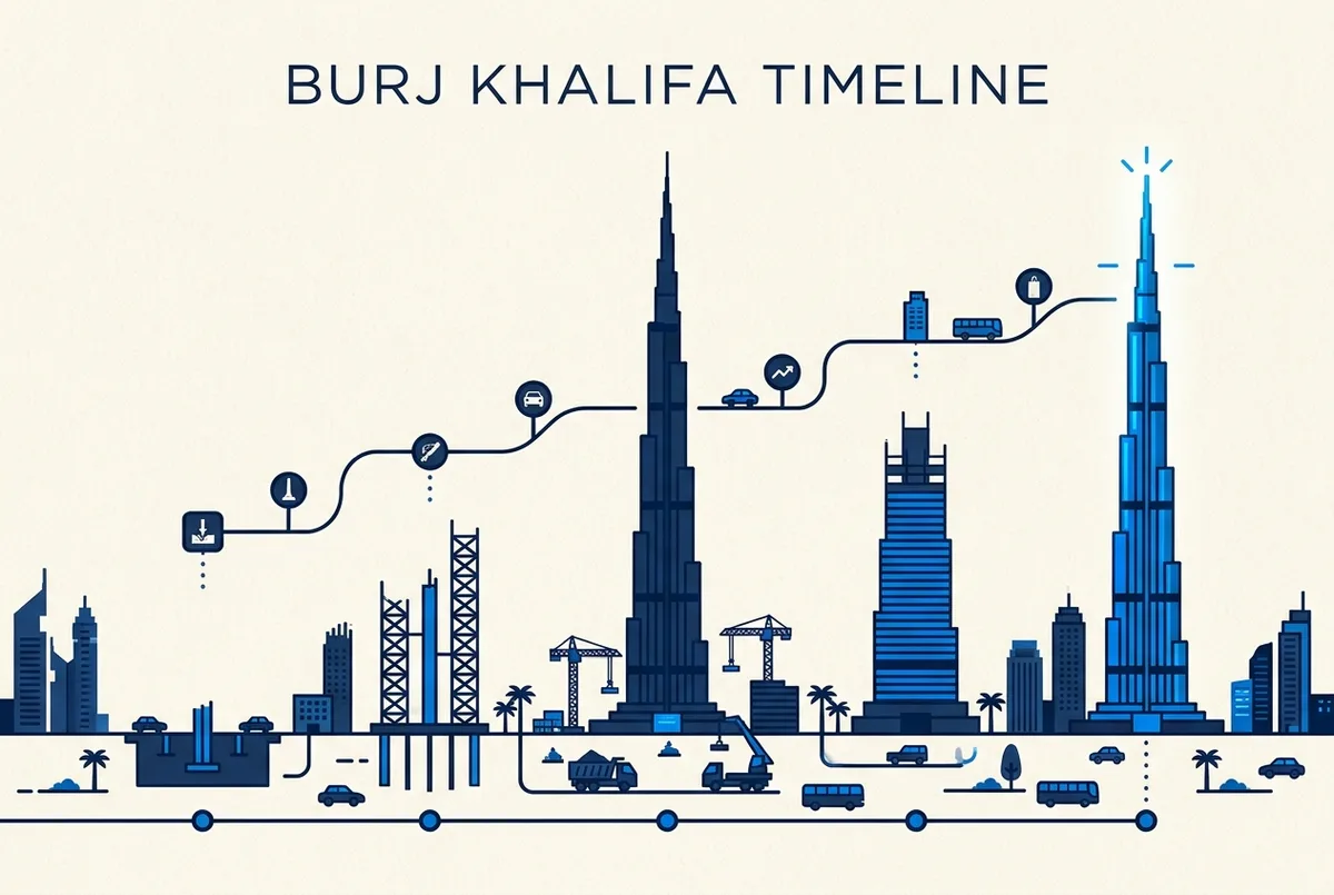 precio burj khalifa construccion infografía con una línea de tiempo genérica desde el inicio de la construcción hasta la fecha de apertura, etiquetas neutras para altura y plantas, sin cifras de precio