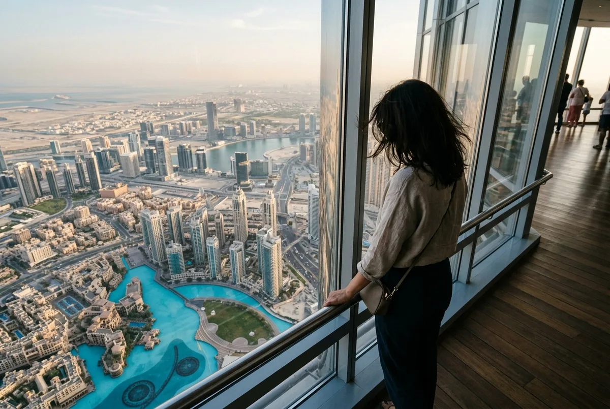 burj khalifa 148th floor scene: a visitor standing at a floor to ceiling window on a high observation level looking down at Downtown Dubai, height and scale emphasized