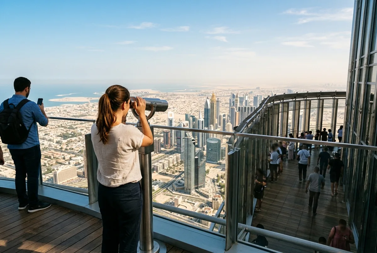 Besucher stehen an der Glasbrüstung der burj khalifa aussichtsplattform und blicken über die Skyline von Downtown Dubai bei goldenem Licht