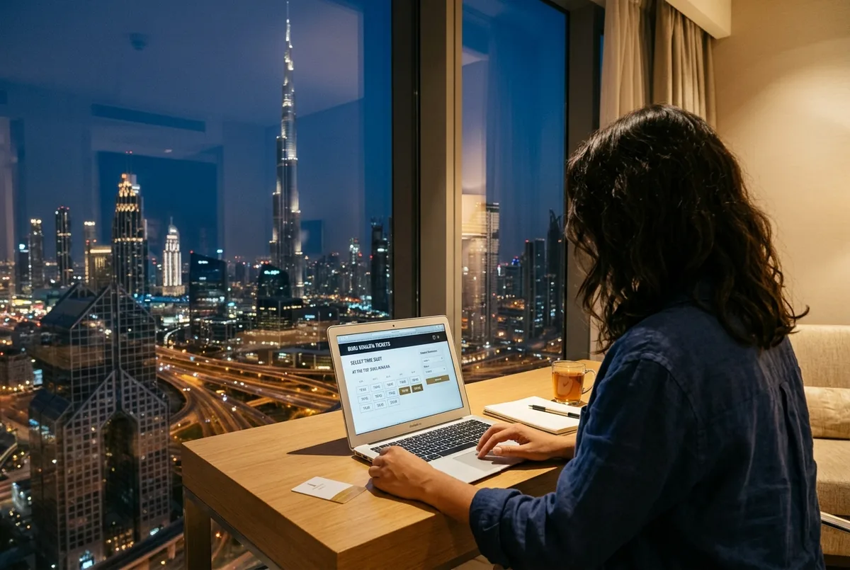 scena per dove comprare biglietti burj khalifa: un viaggiatore che conferma una prenotazione sullo smartphone con il burj khalifa visibile sullo sfondo attraverso una vetrata del dubai mall