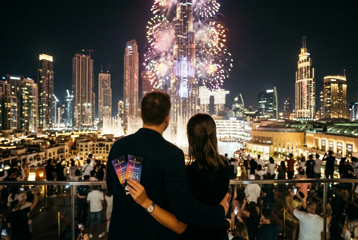 scena per burj khalifa new year pass: folla festante sulla terrazza panoramica del burj khalifa di notte che guarda fuochi d'artificio lontani sopra lo skyline di dubai