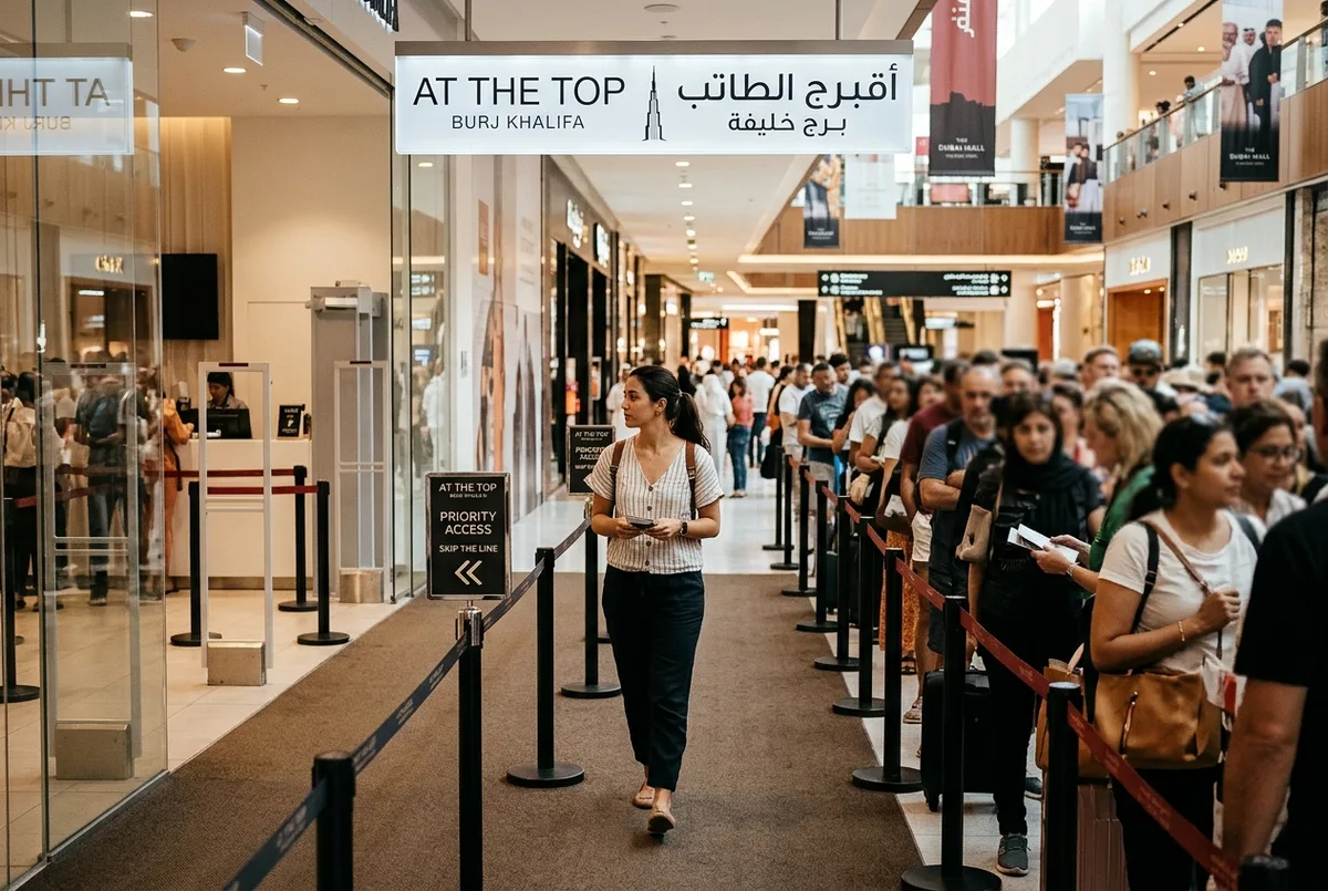Reisender geht zügig durch eine separate fast-track-spur am burj khalifa tickets ohne wartezeit schalter in der dubai mall, während im hintergrund die standardschlange wartet