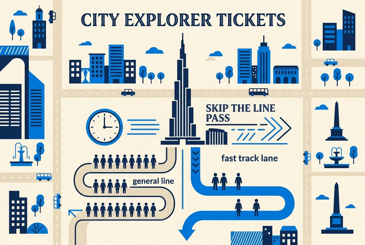 Zeitachsen-Infografik burj khalifa fast lane ticket gegen Standardschlange, zwei parallele Linien mit Wartezeit in Minuten an einem ruhigen Vormittag und an einem vollen Abend