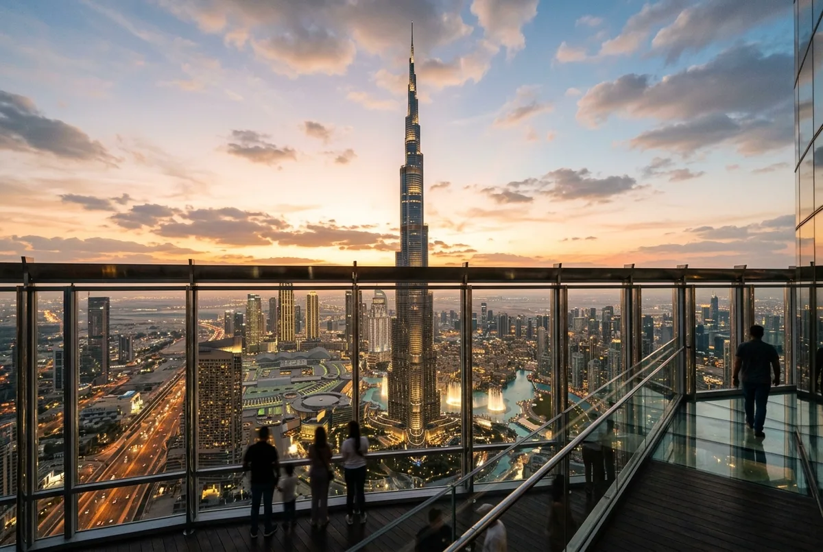 burj khalifa sky views observatory escena: vista exterior del Burj Khalifa fotografiada desde el mirador Sky Views Observatory en el Address Sky View al atardecer