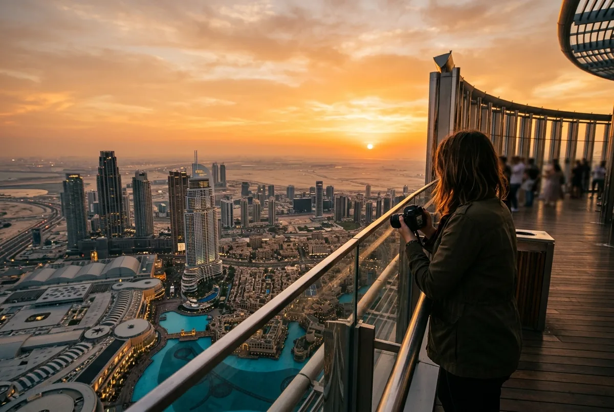Besucher fotografiert die Skyline von Downtown Dubai bei Sonnenuntergang von der burj khalifa aussichtsplattform aus mit warmem Abendlicht