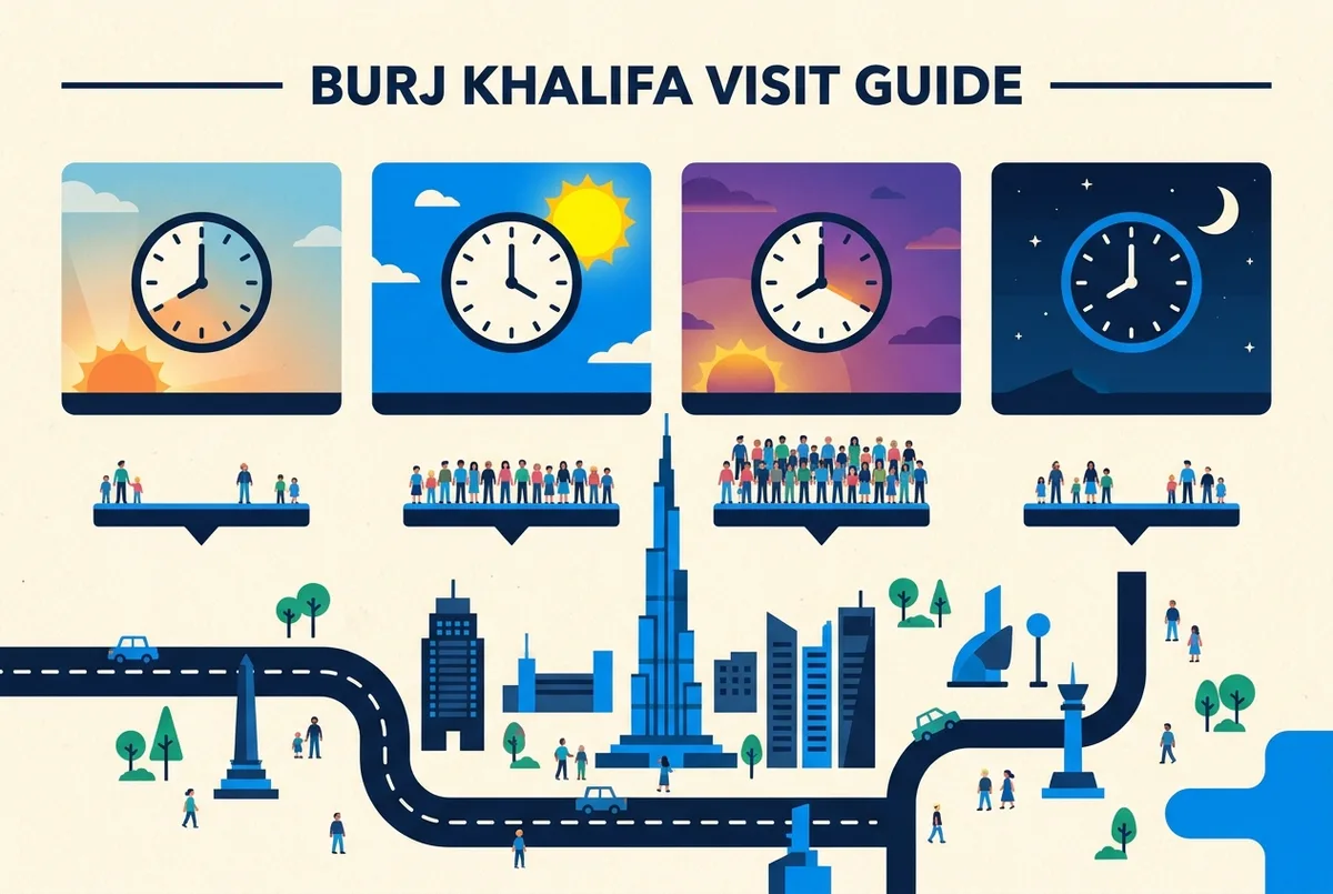 Zeitstrahl-Infografik burj khalifa tickets sunset gegen Vormittag: Sonnensymbole für Vormittag, Sonnenuntergang und Abend mit relativer Besucherdichte je Zeitfenster