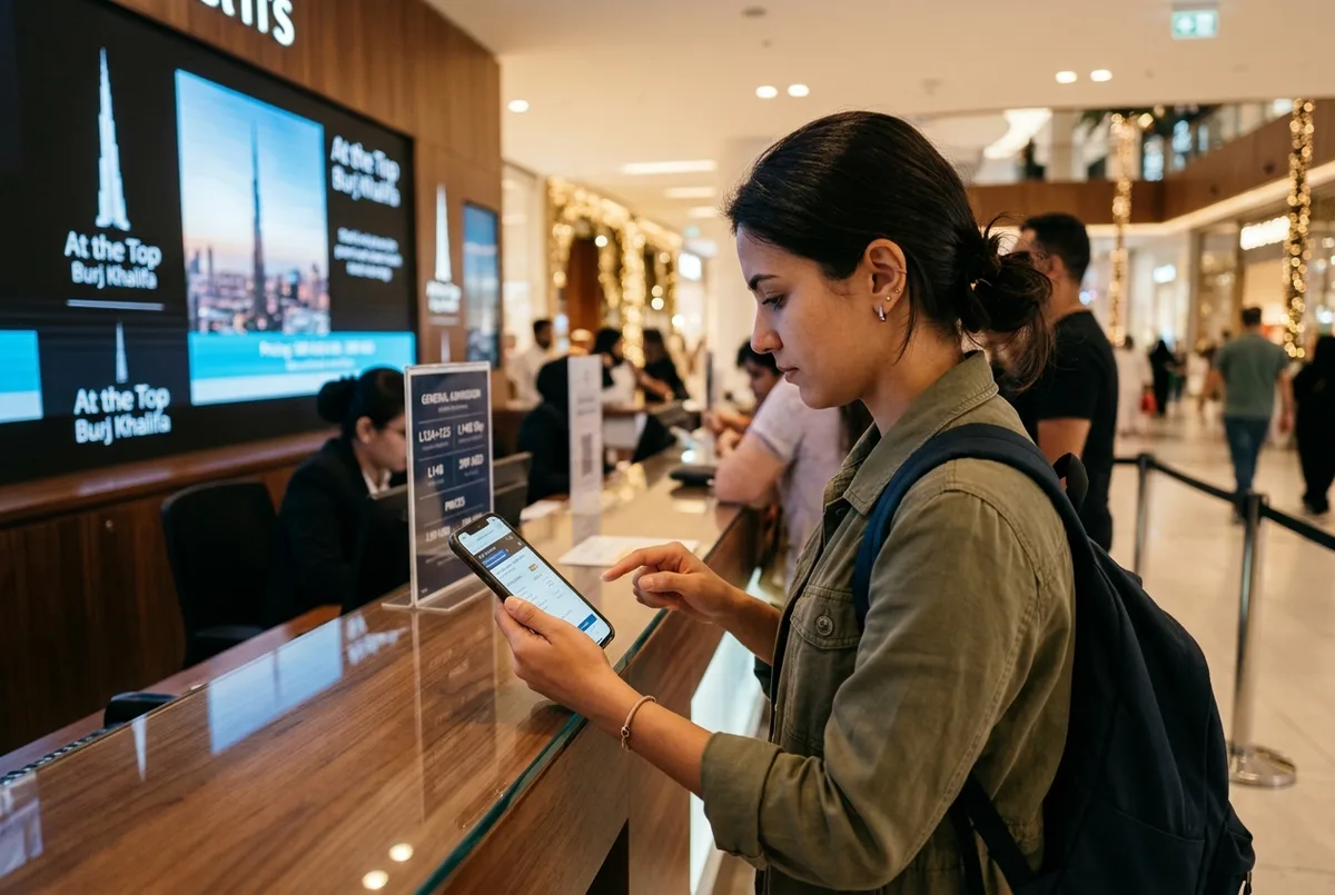prijs burj khalifa scene: een reiziger die ticketsoorten vergelijkt op een telefoon bij de At the Top balie in Dubai Mall, warm binnenlicht, geconcentreerde sfeer