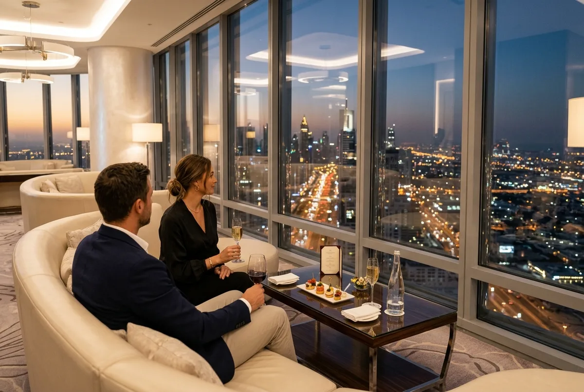 vip pass burj khalifa scene: un serveur apportant une coupe de bulles et des canapés à un couple installé dans un salon panoramique au sommet du burj khalifa, lumière dorée de fin de journée