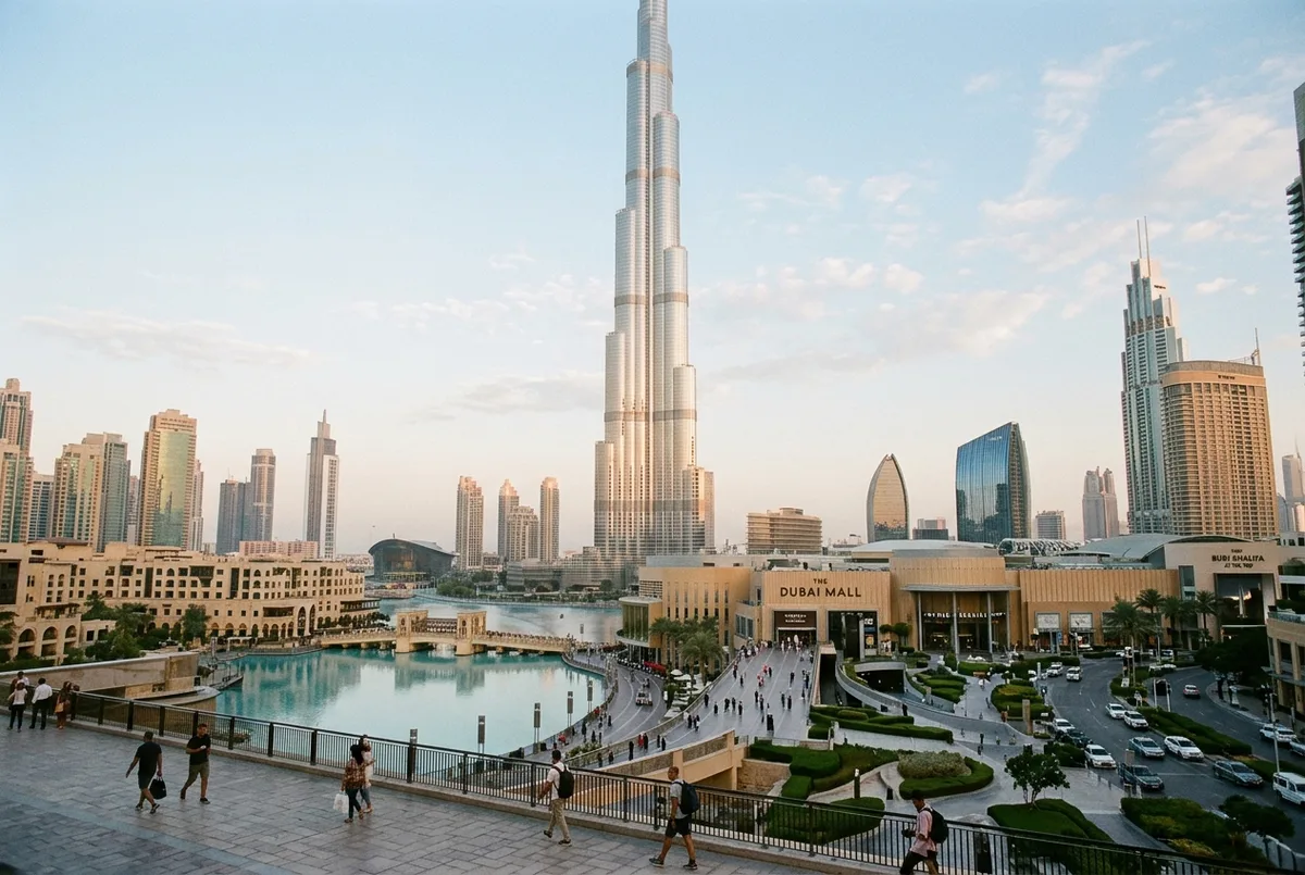 openingstijden burj khalifa scene: de burj khalifa toren die boven downtown dubai uitsteekt in zacht ochtendlicht, met het dak van dubai mall zichtbaar aan de voet van de toren