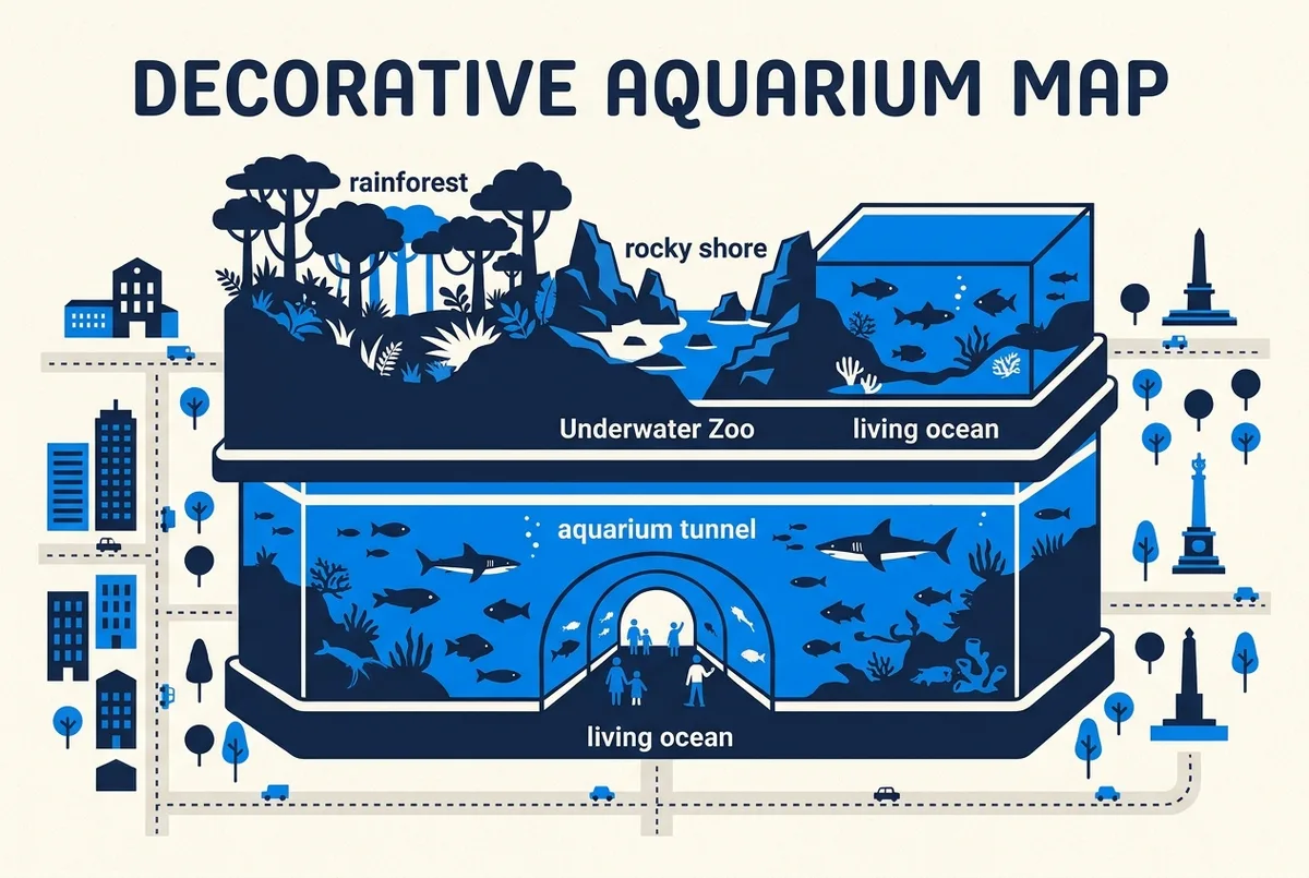 dubai aquarium and underwater zoo infographic showing the tunnel level and the underwater zoo level stacked with generic zone labels for rainforest, rocky shore and living ocean