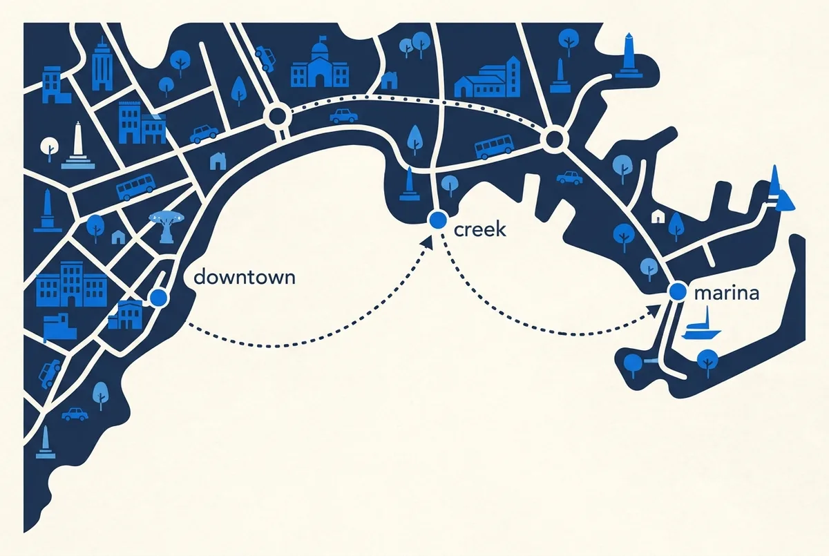 a simple flat map diagram showing three generic location dots labeled downtown, creek, and marina along a coastline shape, connected by dotted travel lines, no distances or labels beyond the three dots