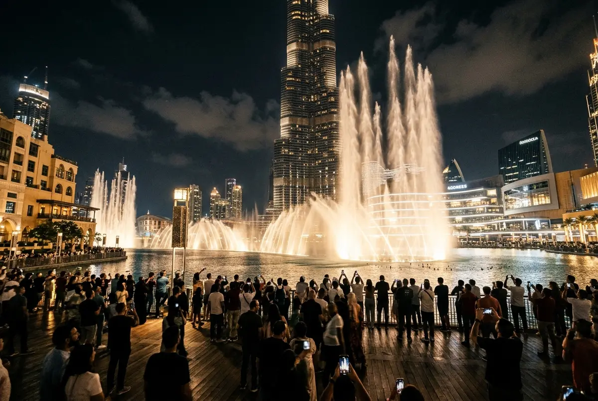 fuentes burj khalifa horario escena: chorros de agua iluminados elevándose de noche frente al Burj Khalifa, gente observando desde el paseo junto al lago