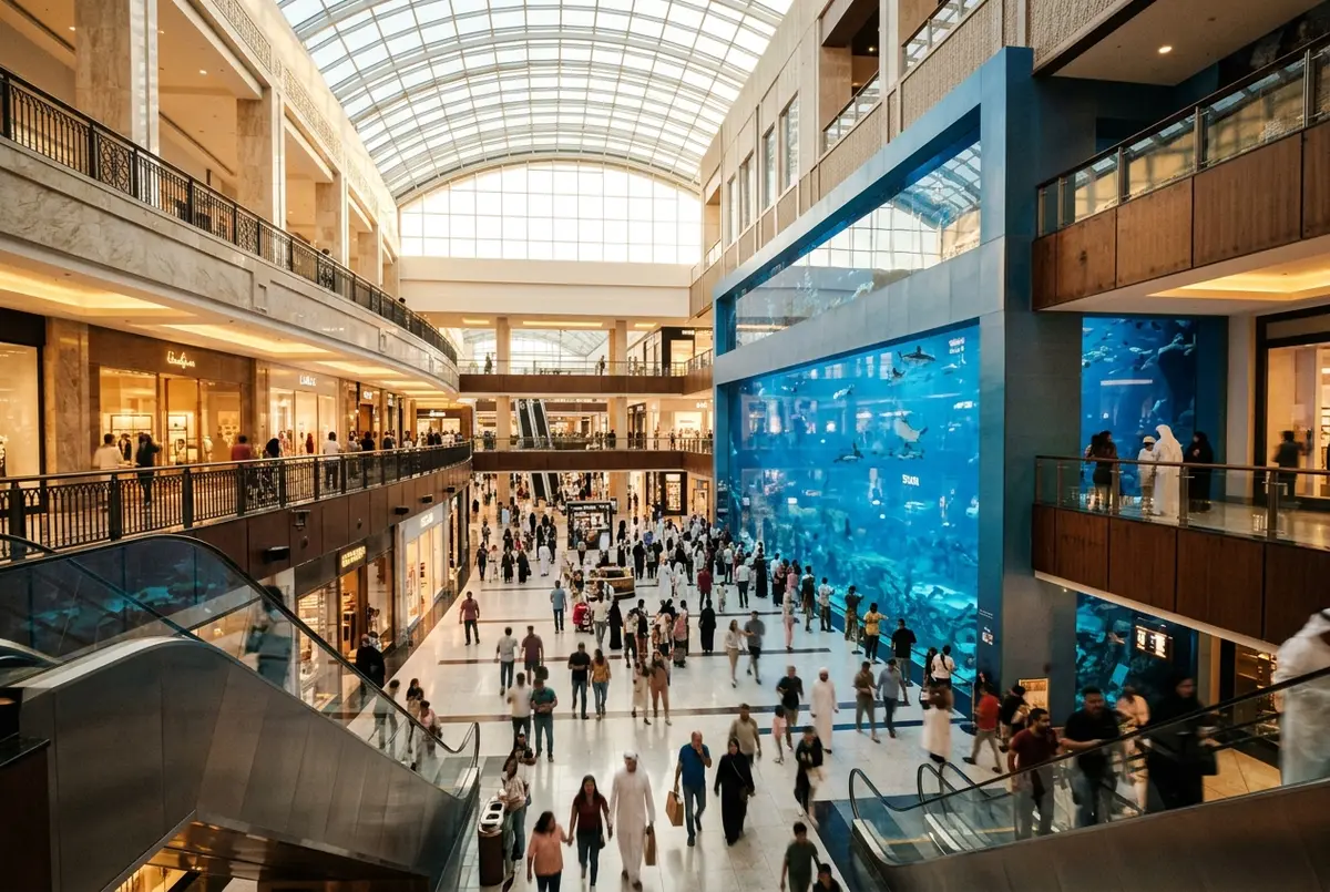 atracciones dubai mall escena: vista amplia del atrio principal de Dubai Mall con el tanque del acuario visible al fondo y visitantes paseando