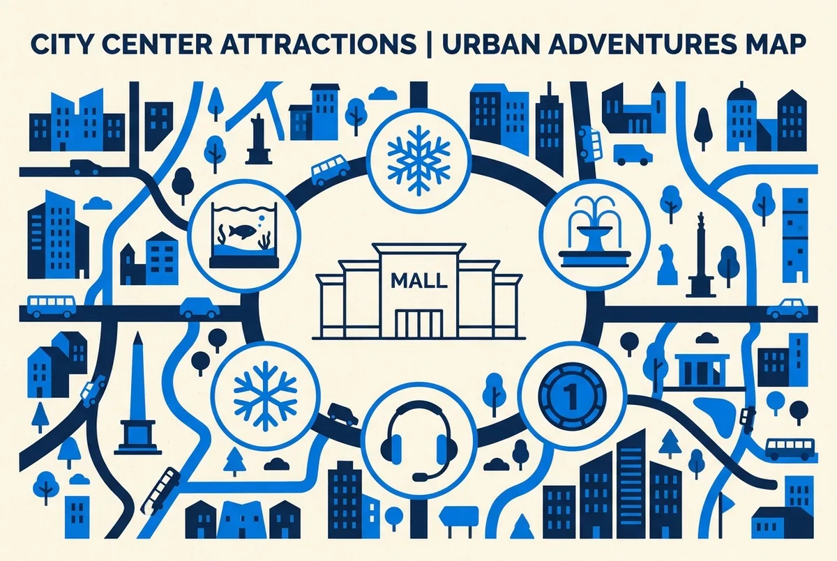 atracciones dubai mall infografía con un mapa esquemático del centro comercial señalando iconos genéricos para el acuario, la pista de esquí, la fuente y una zona de videojuegos, sin texto de precios