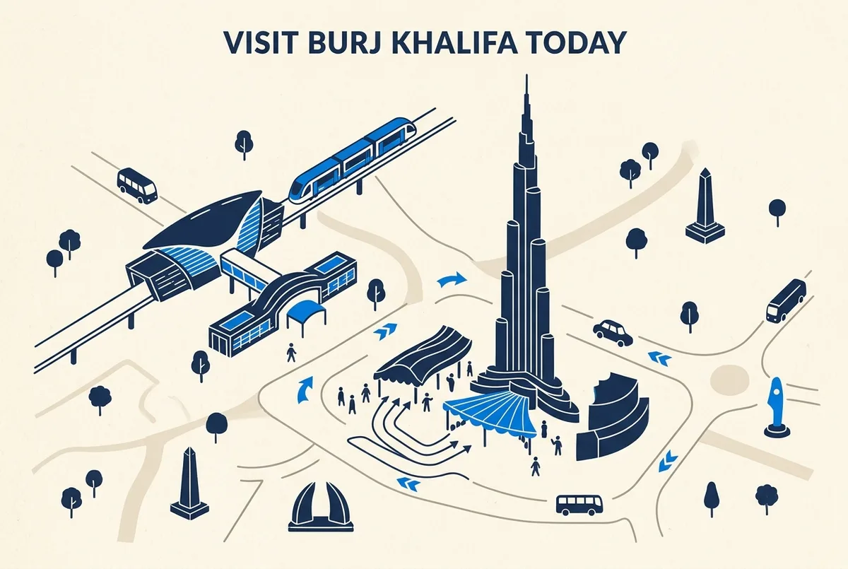 Mappa illustrata semplice con il Burj Khalifa, l'ingresso del Dubai Mall e la stazione della metro più vicina per chi ha i biglietti Burj Khalifa