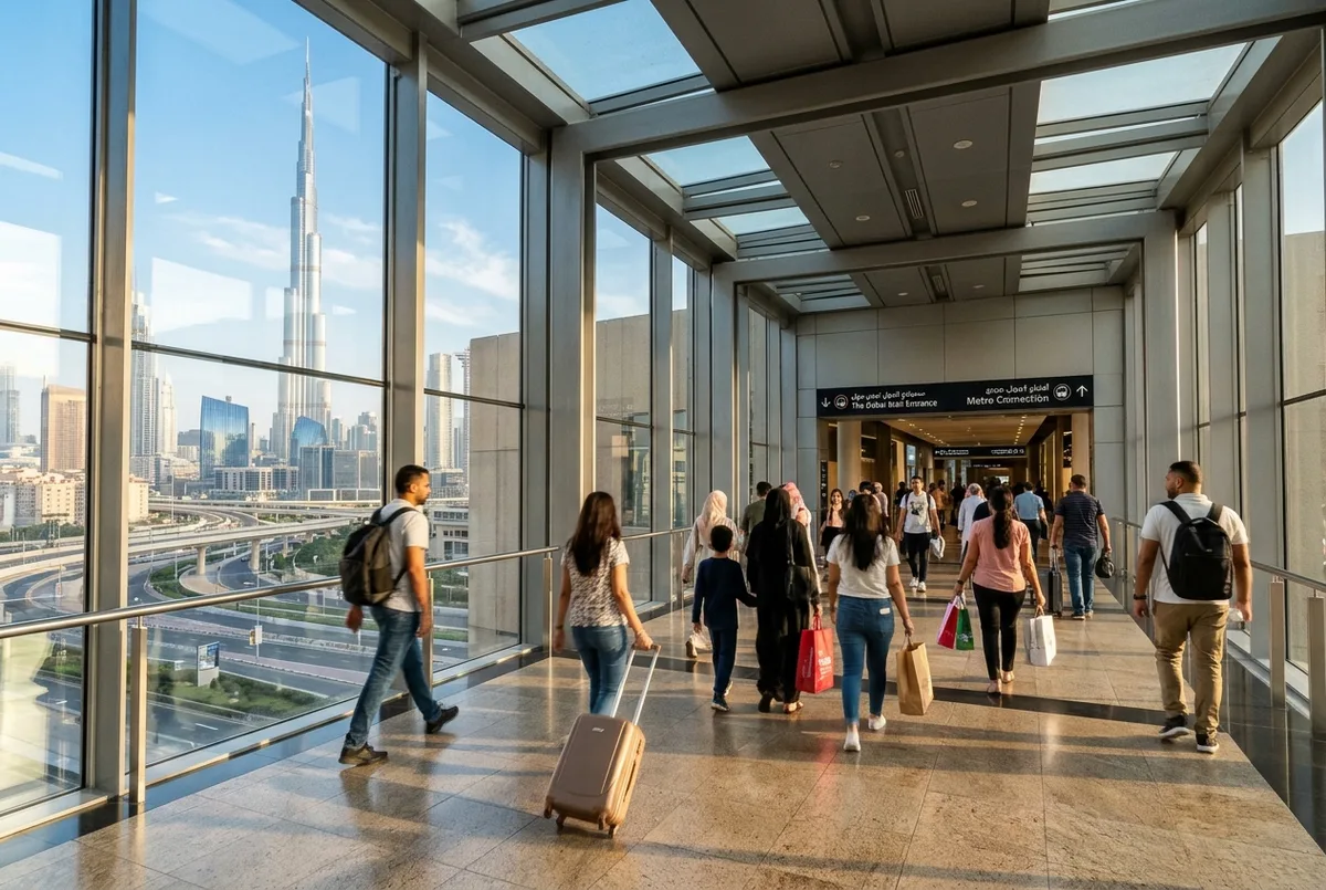 como llegar al burj khalifa escena: viajeros caminando por una pasarela cubierta y con aire acondicionado que conecta un andén de metro con la entrada de un centro comercial, torre visible a lo lejos a través del cristal