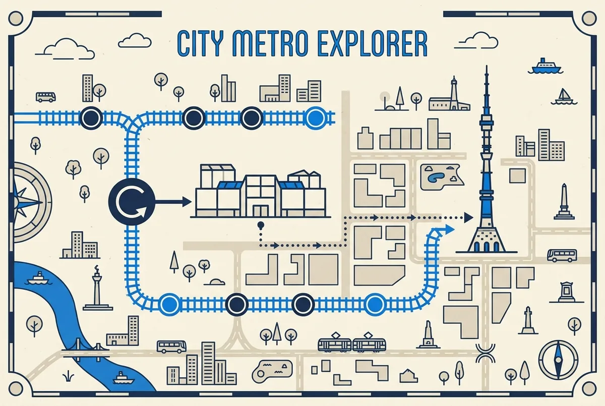 diagrama plano sencillo que muestra el icono de una línea de metro conectando con el contorno de un centro comercial y una línea de puntos a modo de camino peatonal hacia el icono de una torre, solo formas genéricas, sin etiquetas ni distancias