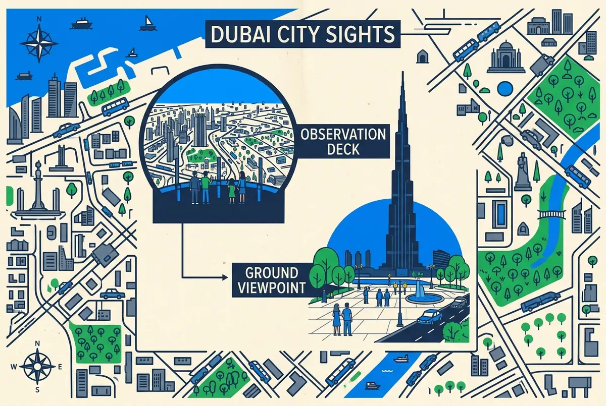 burj khalifa experience infographic comparing a paid observation deck icon against a free ground level viewpoint icon with generic labels