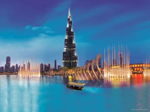 Traditional abra boat on Burj Lake near the Burj Khalifa
